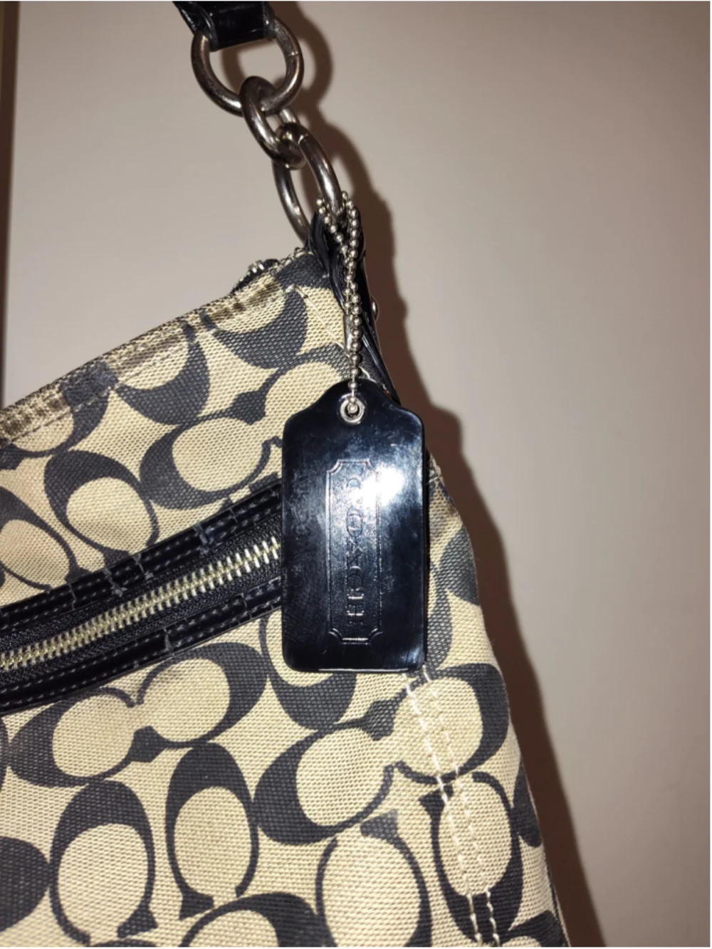 Women's Coach Shoulder Bag One Size Beige Black Signature Canvas